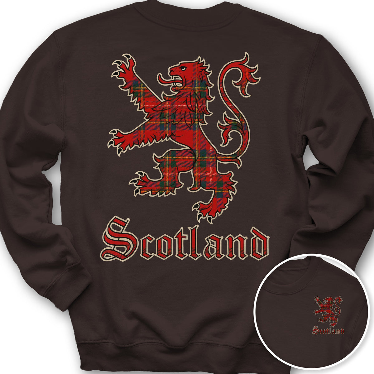 Scotland Tartan Lion Front/Back Print Sweatshirt - Dark Chocolate