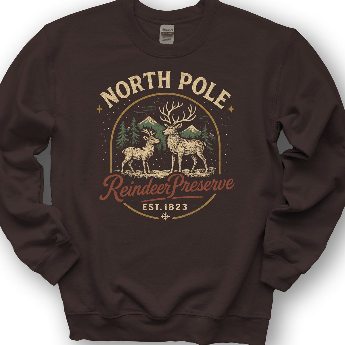 North Pole Reindeer Preserve Vintage Print Sweatshirt - Dark Chocolate