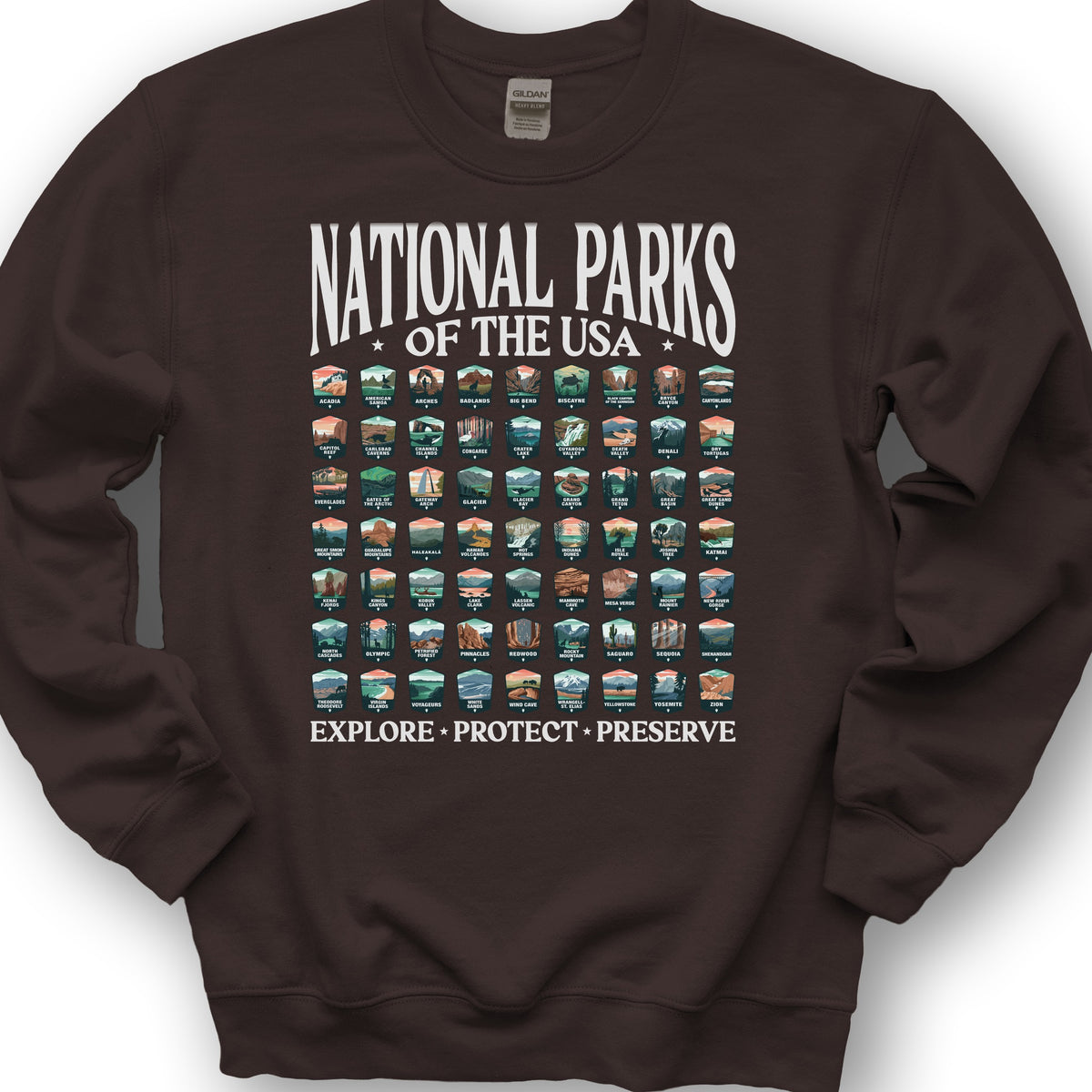 National Parks of the USA 63 Badges "Big and Bold" Sweatshirt - Dark Chocolate