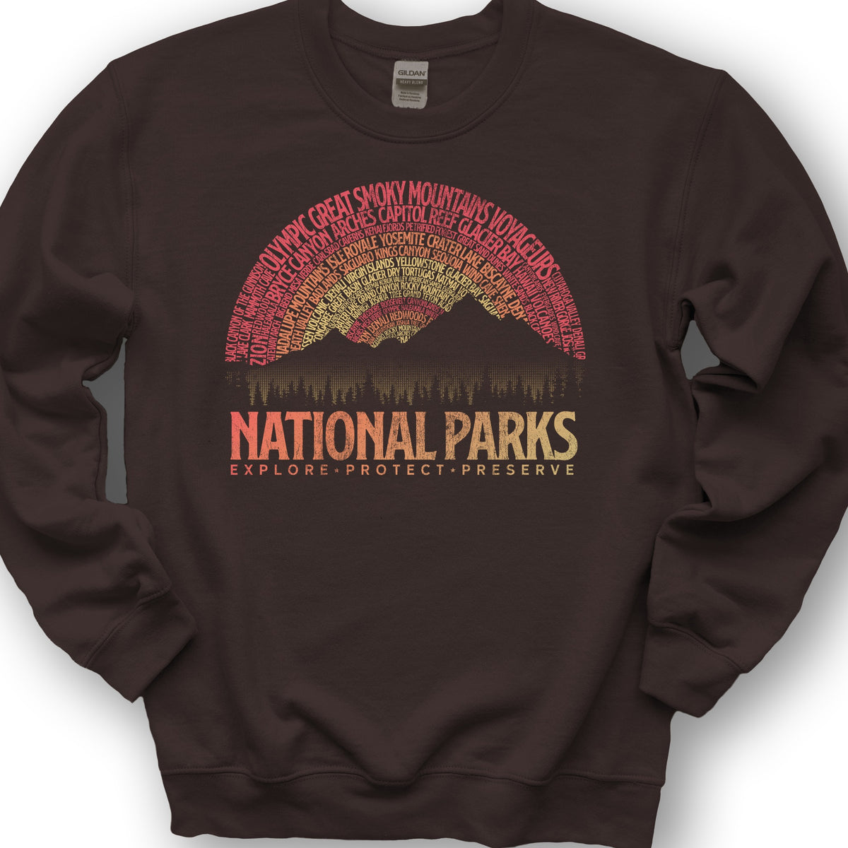 National Parks Word Art "Vintage Sunset" Sweatshirt - Dark Chocolate