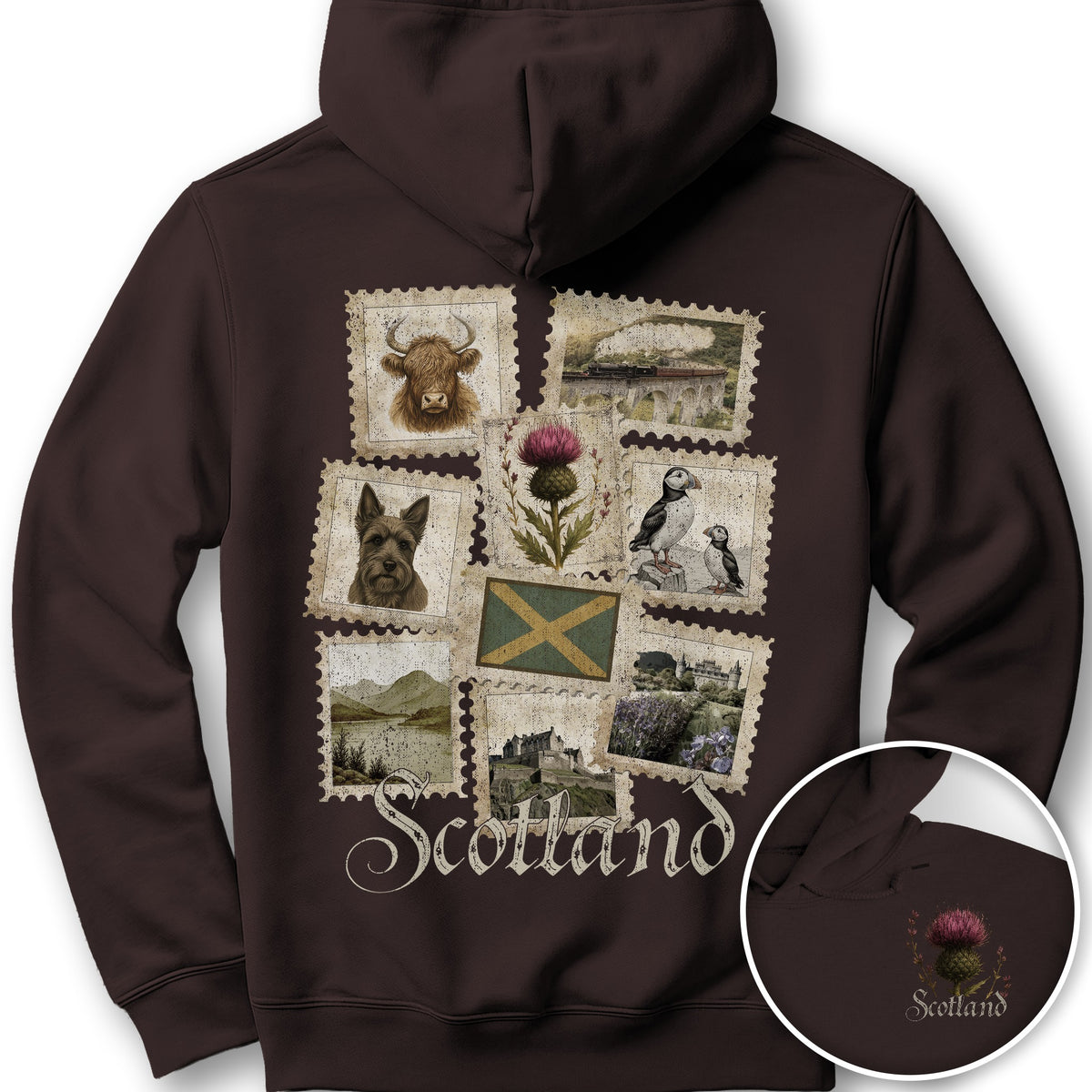 Scotland Vintage Stamps Front/Back Print Hoodie - Dark Chocolate