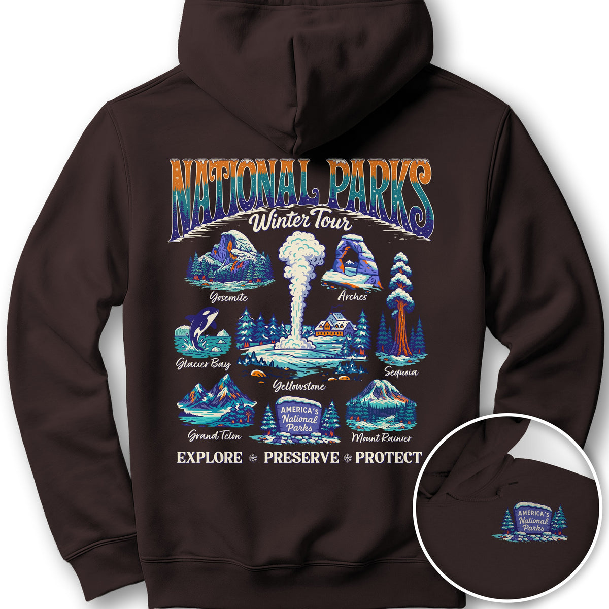 National Parks Winter Tour Front/Back Print Hoodie - Dark Chocolate