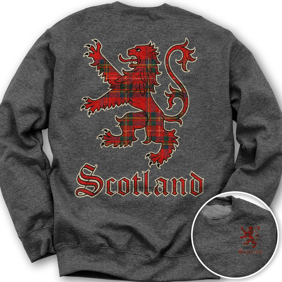 Scotland Tartan Lion Front/Back Print Sweatshirt - Dark Heather