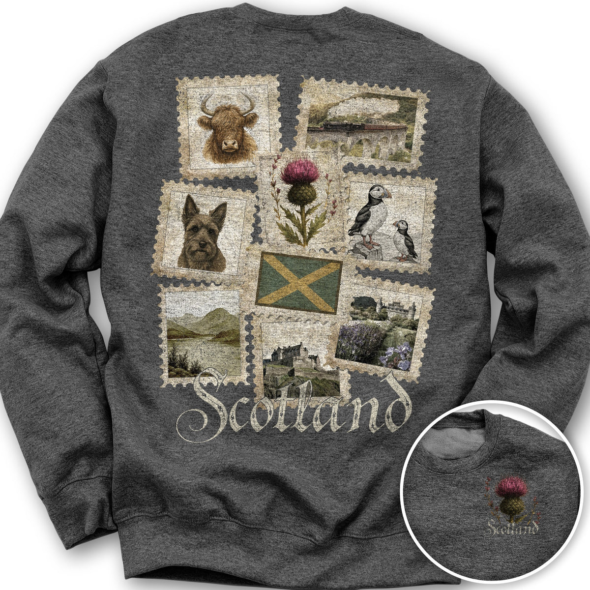 Scotland Vintage Stamps Front/Back Print Sweatshirt - Dark Heather