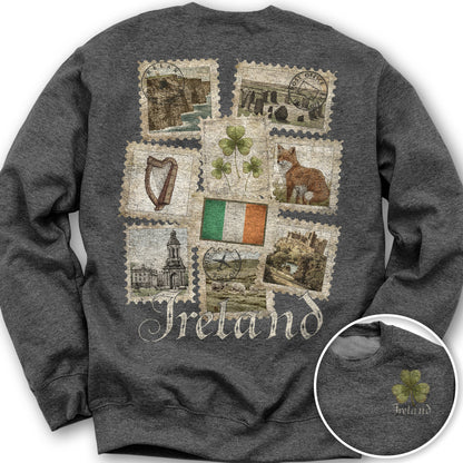 Ireland Vintage Stamps Front/Back Print Sweatshirt - Dark Heather