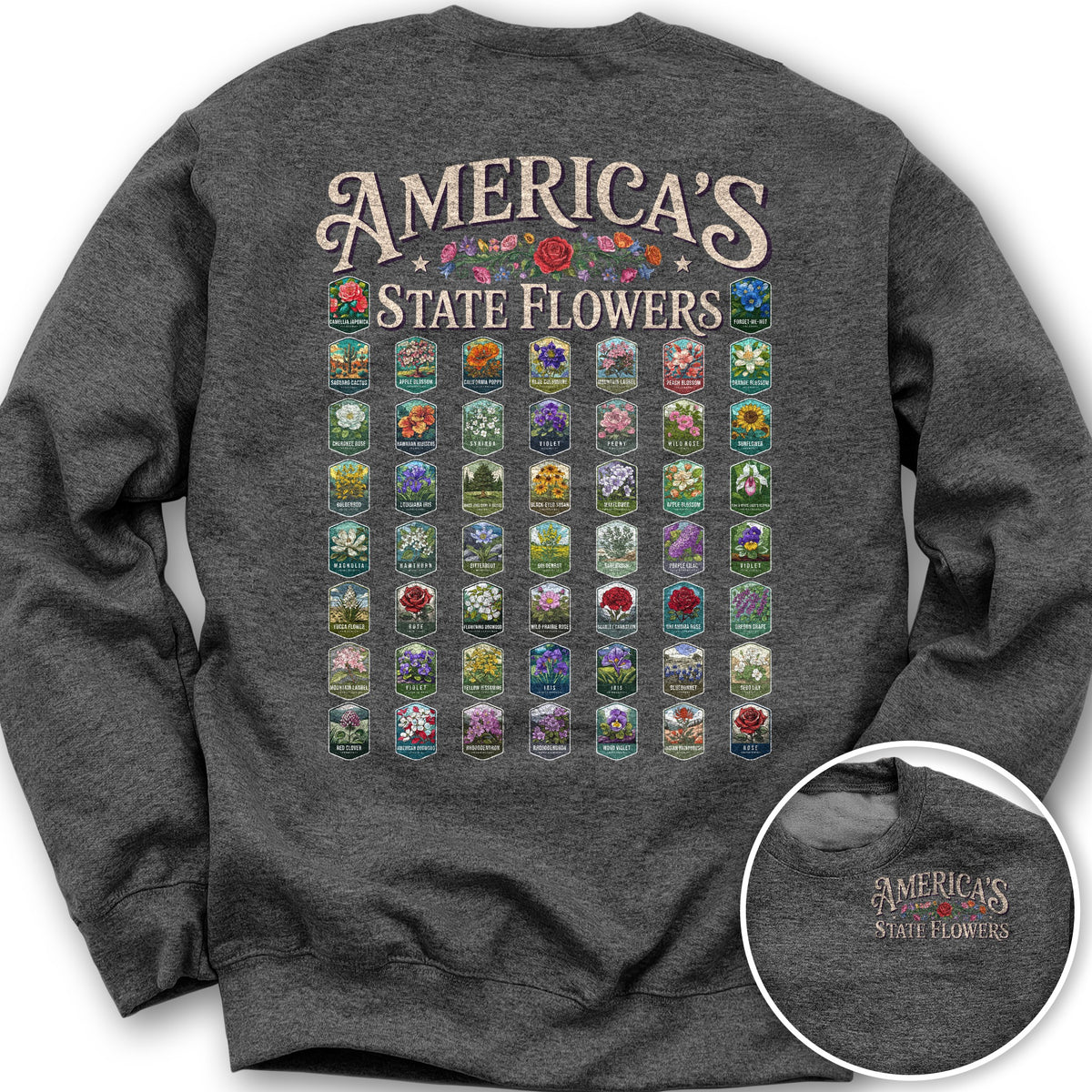 America's State Flowers Front/Back Print Sweatshirt - Dark Heather