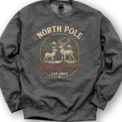 North Pole Reindeer Preserve Vintage Print Sweatshirt - Dark Heather