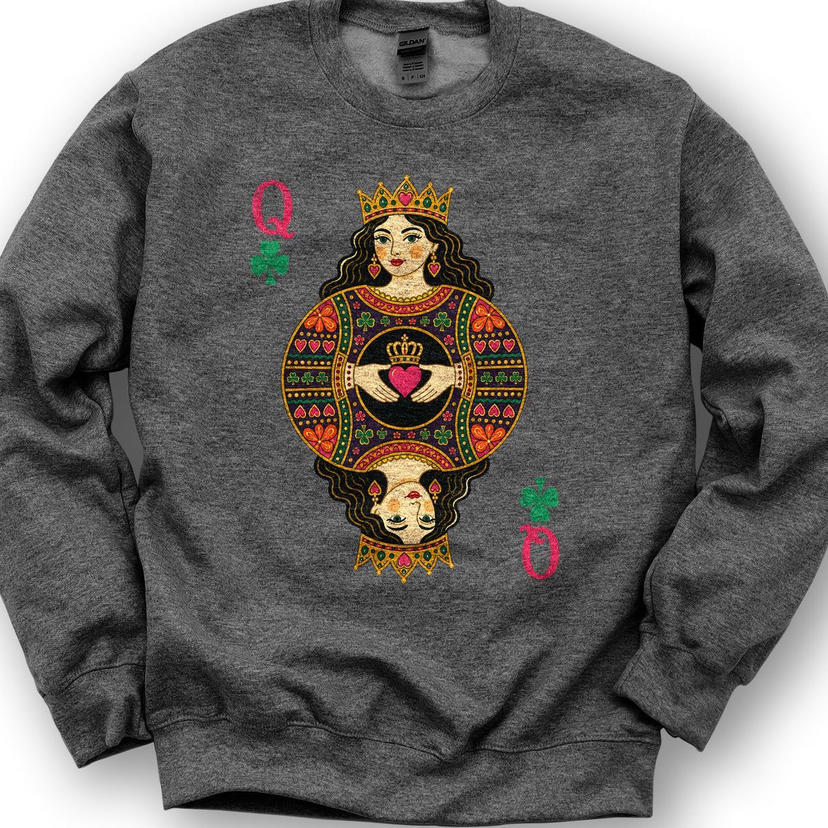 Shamrock Queen Playing Card Sweatshirt - Dark Heather