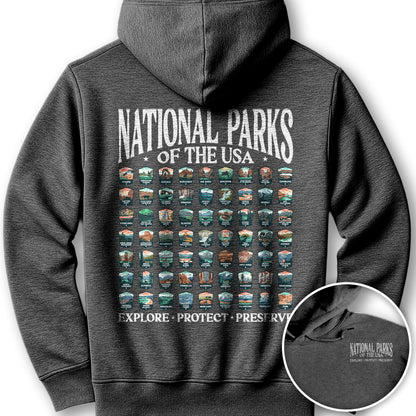 National Parks of the USA 63 Badges Front/Back Print Hoodie - Dark Heather