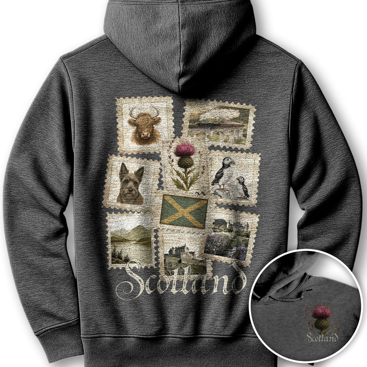 Scotland Vintage Stamps Front/Back Print Hoodie - Dark Heather