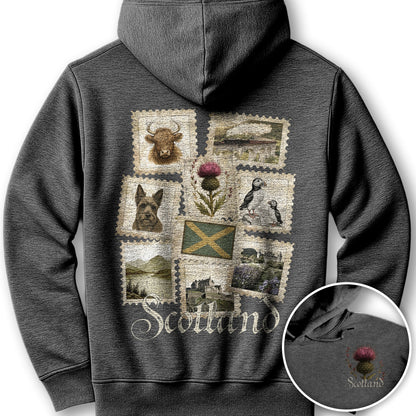 Scotland Vintage Stamps Front/Back Print Hoodie - Dark Heather