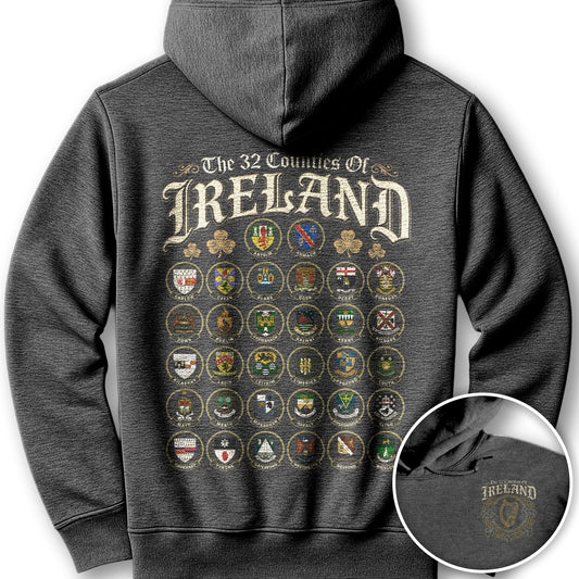 Ireland County Crests Front/Back Print Hoodie - Dark Heather
