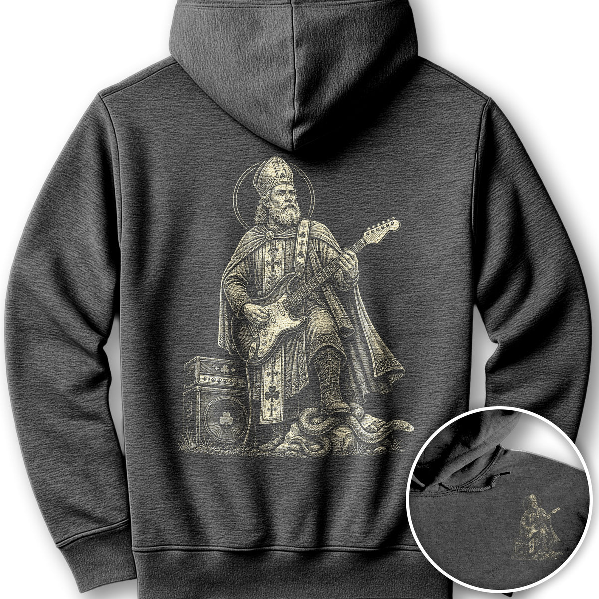 Saint Patrick Guitar Front/Back Print Hoodie - Dark Heather