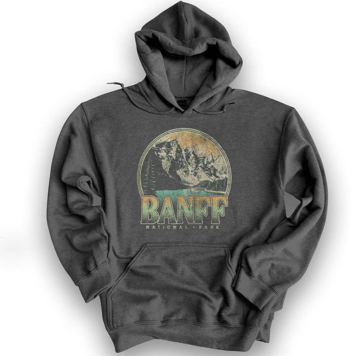 Banff National Park Groovy Screenprint Hoodie - Dark Heather