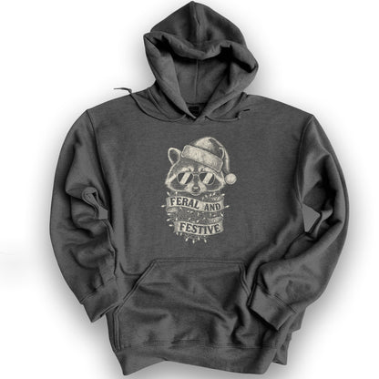 Feral and Festive Racoon Hoodie - Dark Heather