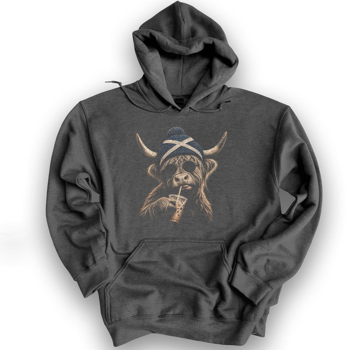 Highland Cow Beanie Hoodie - Dark Heather
