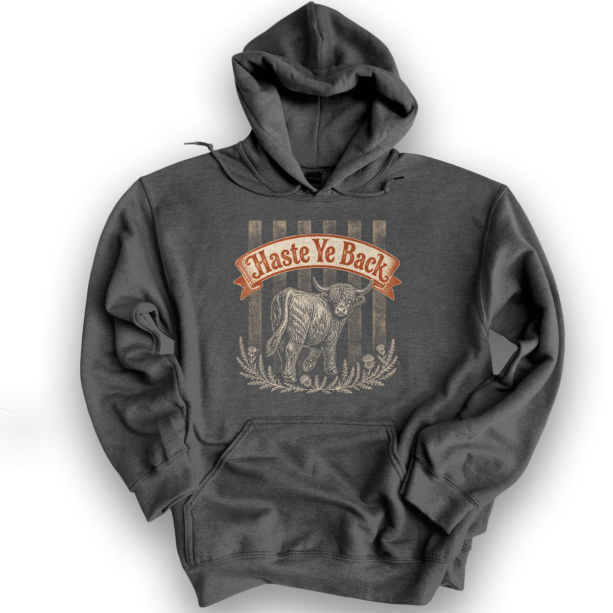 Haste Ye Back Coo Hoodie - Dark Heather