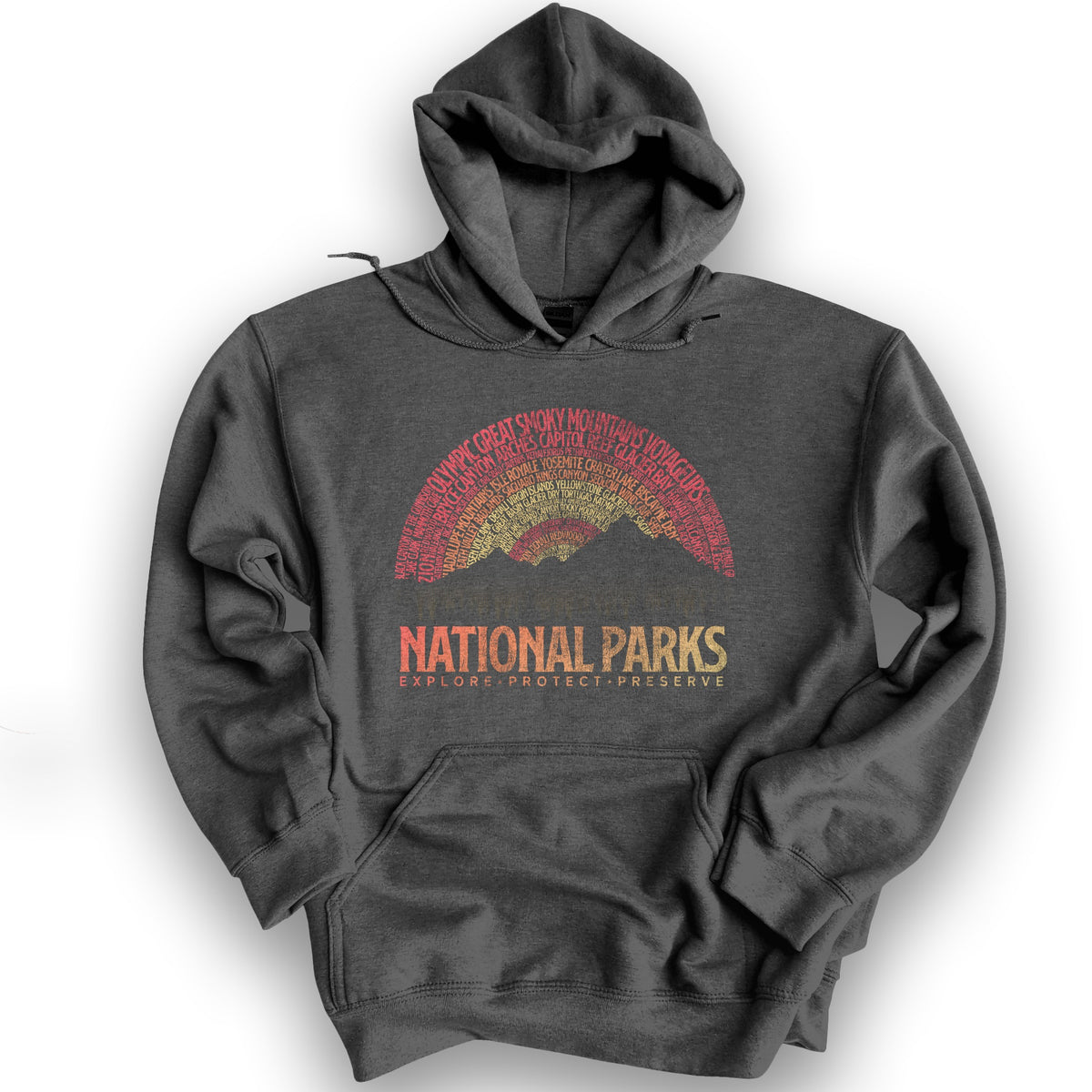 National Parks Word Art "Vintage Sunset" Hoodie - Dark Heather