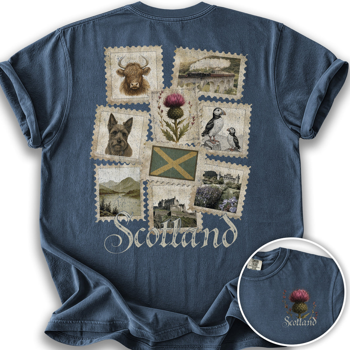 Scotland Vintage Stamps Front/Back Print T-shirt - Denim