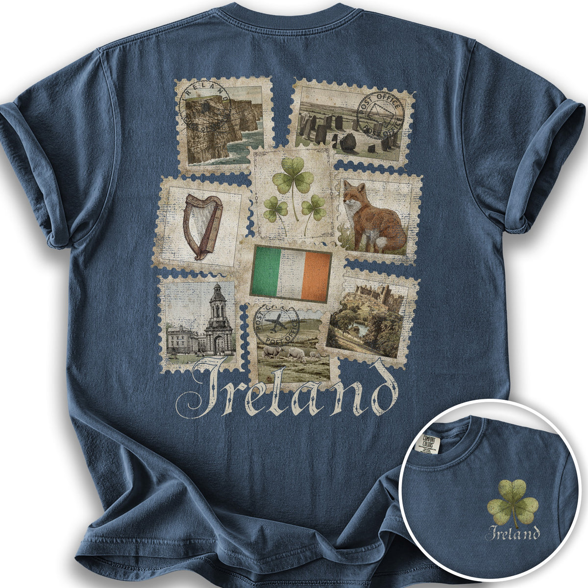 Ireland Vintage Stamps Front/Back Print T-Shirt - Denim