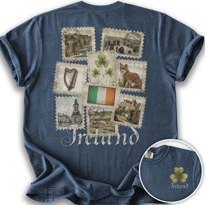 Ireland Vintage Stamps Front/Back Print T-Shirt - Denim