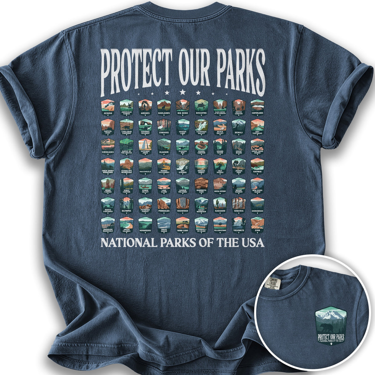 Protect our Parks Badges Front/Back Print T-Shirt - Denim
