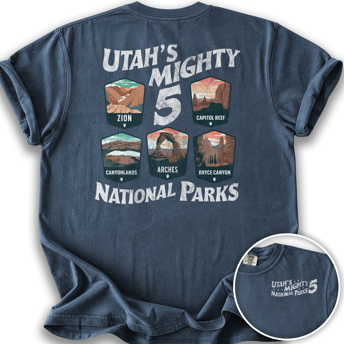 Utah's Mighty Five "Badges" Front/Back Print T-Shirt - Denim