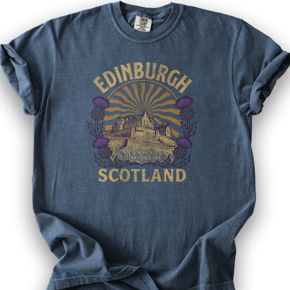 Edinburgh Scotland Retro Sunburst T-Shirt - Denim