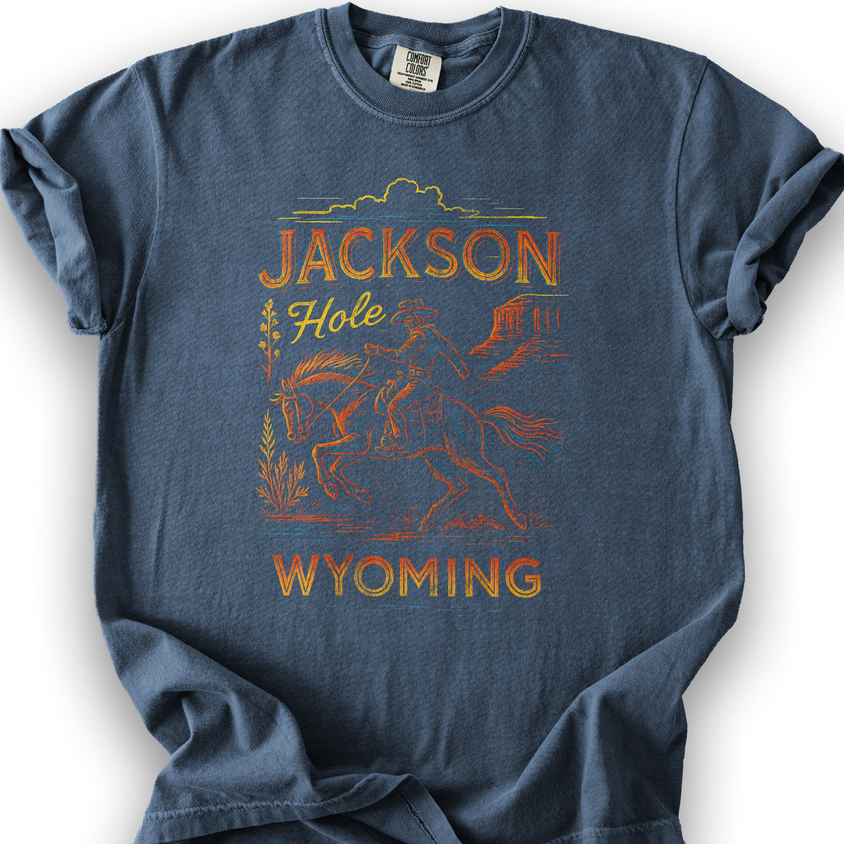 Jackson Hole "Linocut Cowboy" T-Shirt - Denim