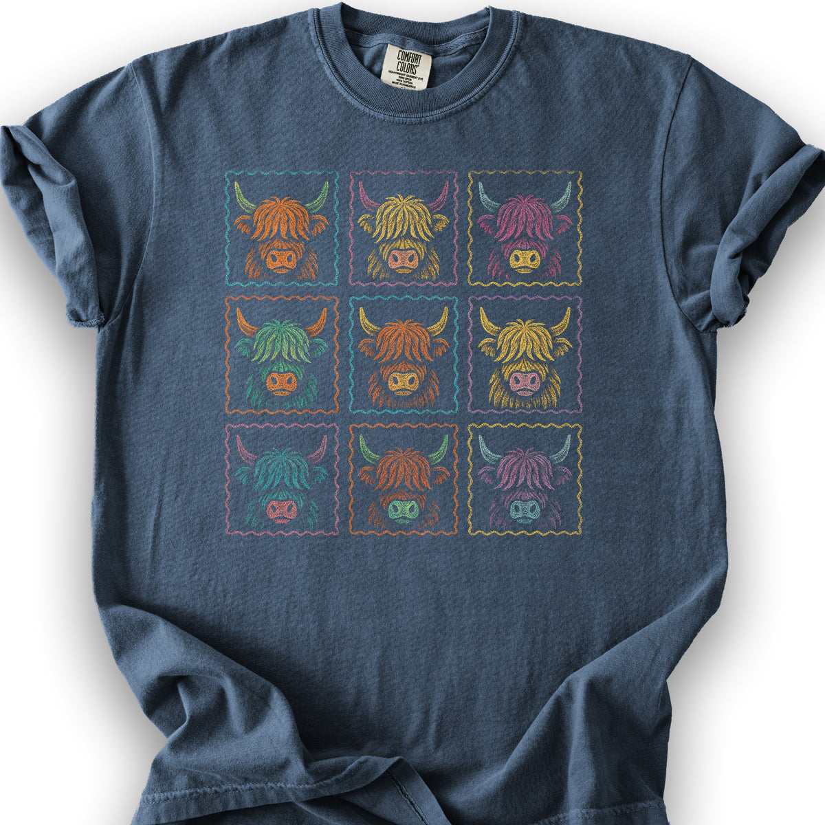 Highland Cow 9 Panel T-Shirt - Denim