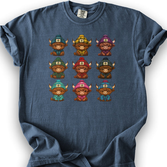 Tartan Highland Cows T-Shirt - Denim