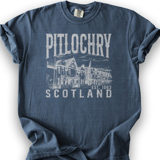 Pitlochry Scotland Sketch T-Shirt - Denim