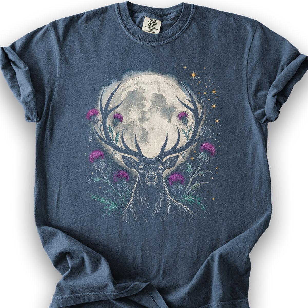 Moonlit Stag Thistle T-Shirt - Denim