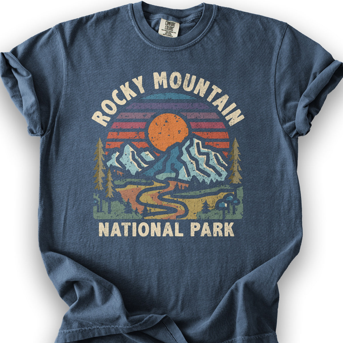 Rocky Mountain National Park "Retro Sunset" T-Shirt - Denim