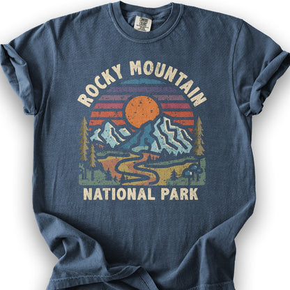 Rocky Mountain National Park "Retro Sunset" T-Shirt - Denim