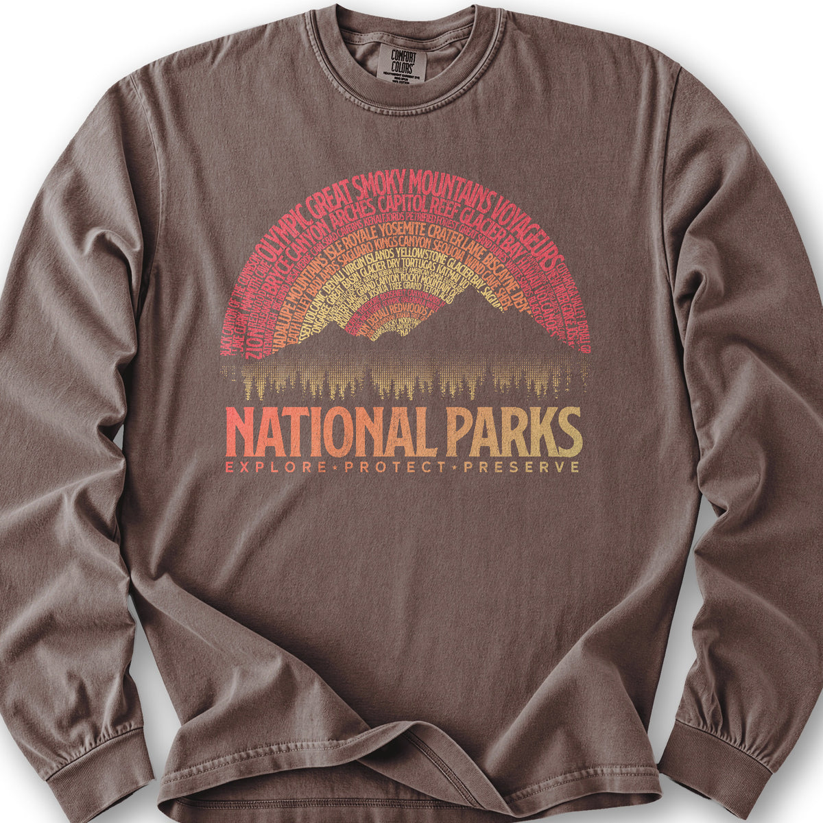 National Parks Word Art "Vintage Sunset" Long Sleeve Shirt - Espresso
