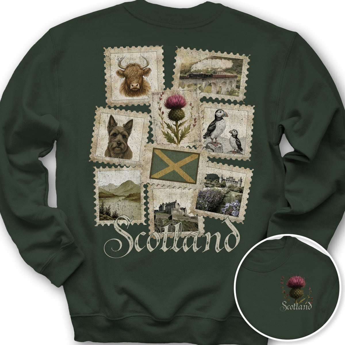 Scotland Vintage Stamps Front/Back Print Sweatshirt - Forest Green