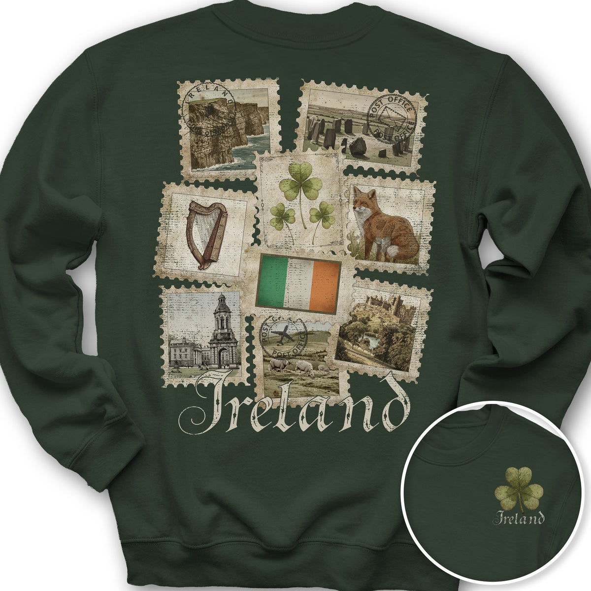 Ireland Vintage Stamps Front/Back Print Sweatshirt - Forest Green