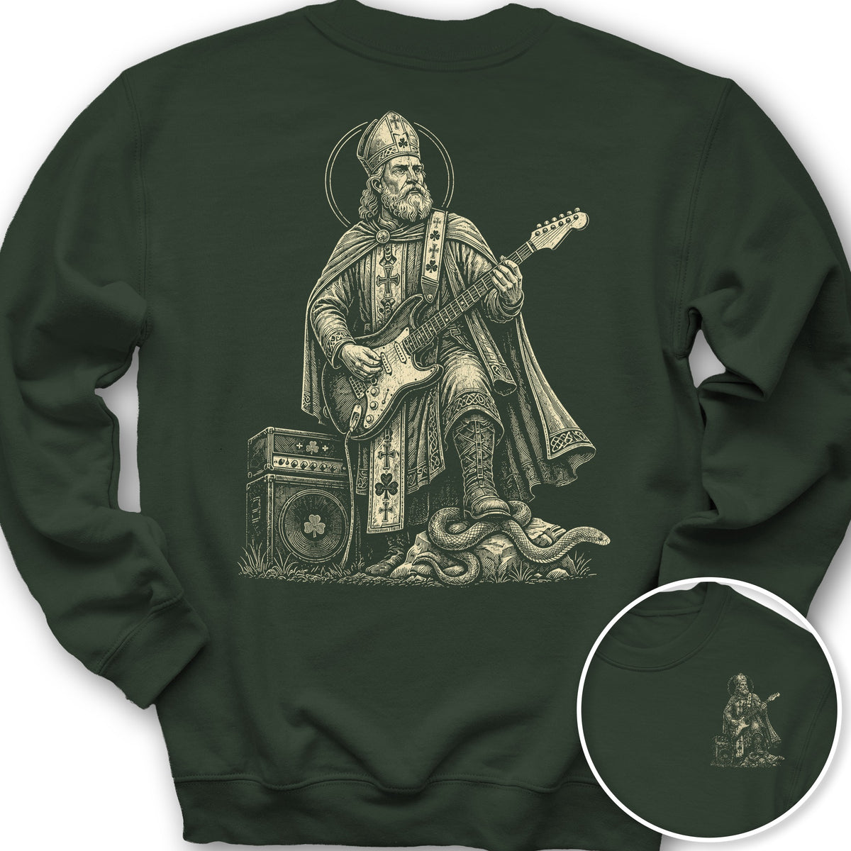 Saint Patrick Guitar Front/Back Print Sweatshirt - Forest Green