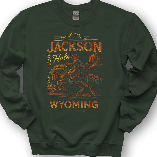 Jackson Hole "Linocut Cowboy" Sweatshirt - Forest Green