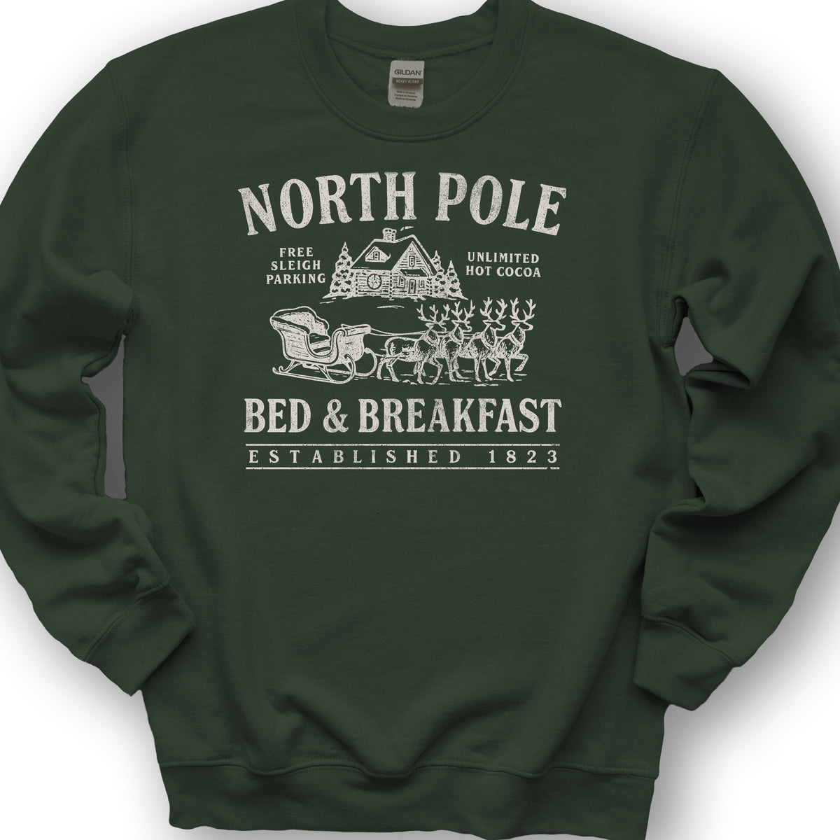 North Pole Bed and Breakfast Vintage Print Sweatshirt - Forest Green