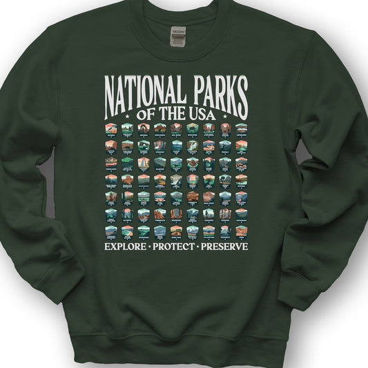 National Parks of the USA 63 Badges "Big and Bold" Sweatshirt - Forest Green