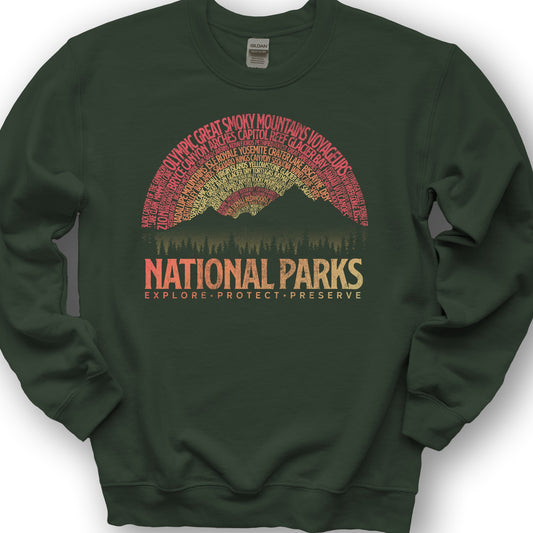 National Parks Word Art "Vintage Sunset" Sweatshirt - Forest Green