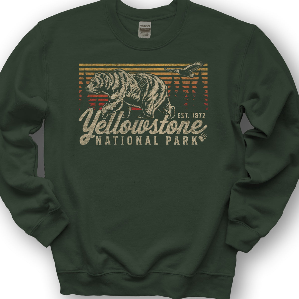 Yellowstone National Park "Vintage Sunset Bear" Sweatshirt - Forest Green