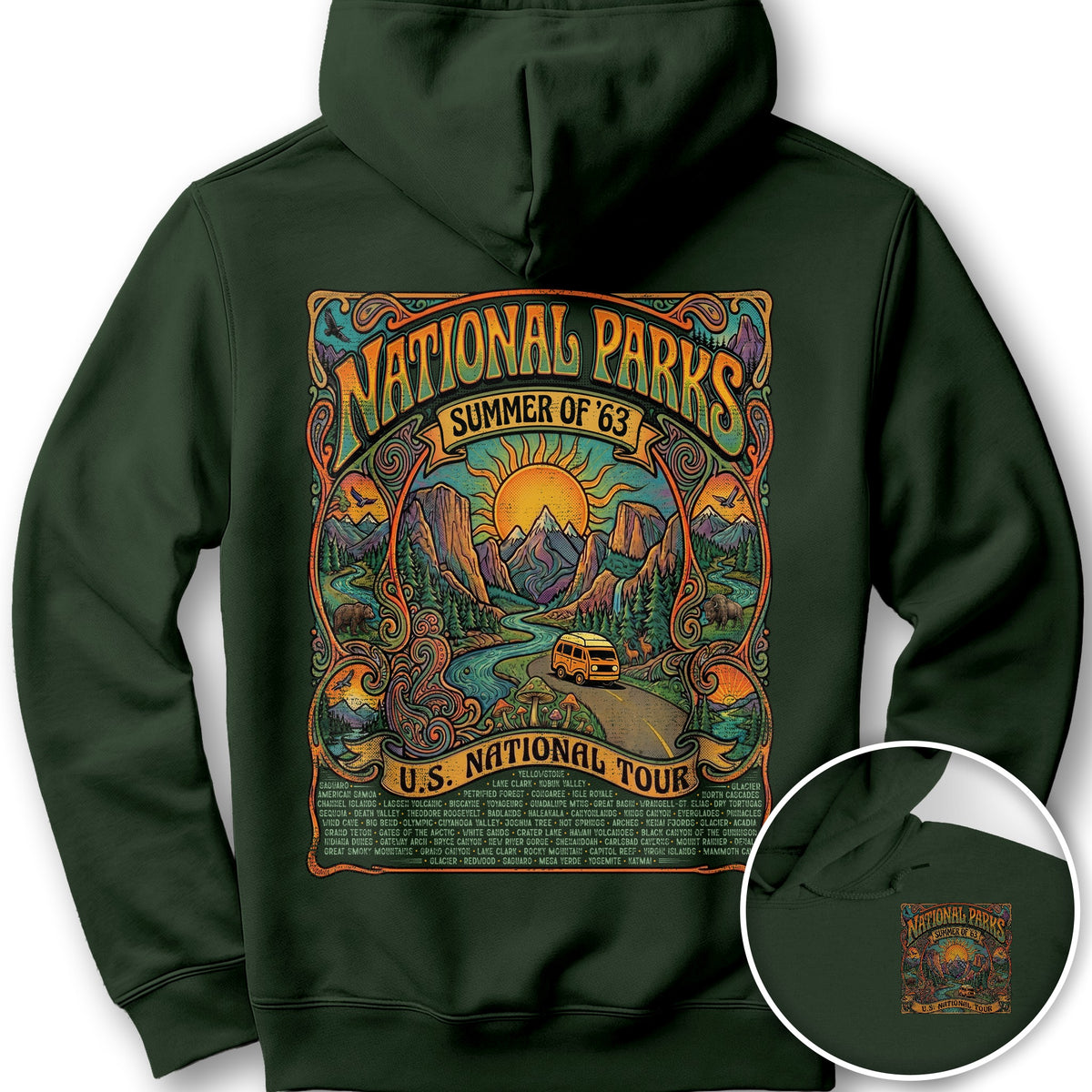 National Parks Summer Tour Front/Back Print Hoodie - Forest Green