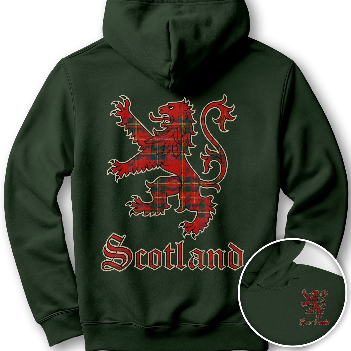 Scotland Tartan Lion Front/Back Print Hoodie - Forest Green