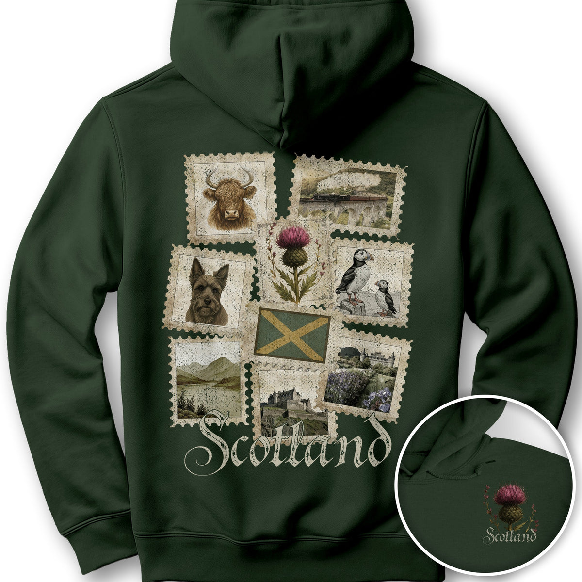 Scotland Vintage Stamps Front/Back Print Hoodie - Forest Green