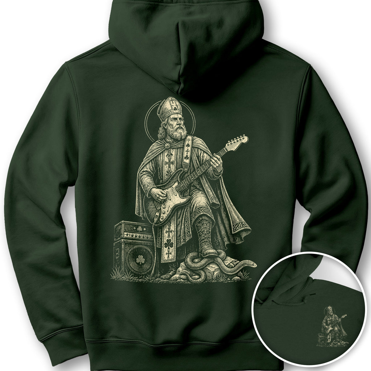 Saint Patrick Guitar Front/Back Print Hoodie - Forest Green