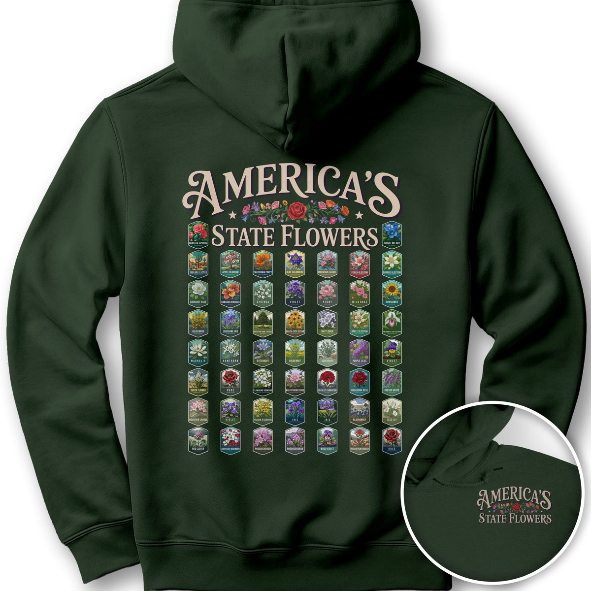 America's State Flowers Front/Back Print Hoodie - Forest Green
