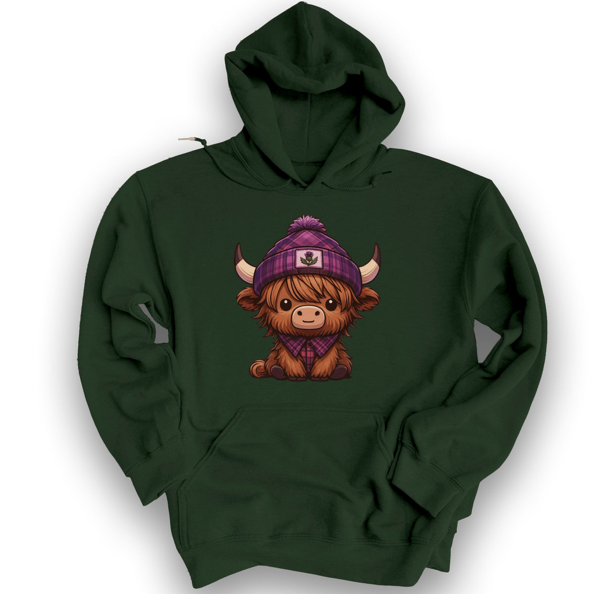 Tartan Highland Cow Hoodie - Forest Green